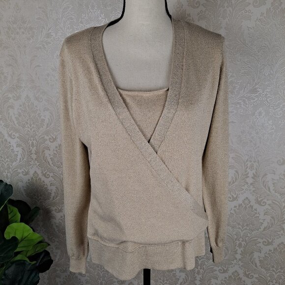 Como Size Large Sparkly Gold Faux Wrap Sweater Tank Insert Dressy Formal EUC - Picture 1 of 9